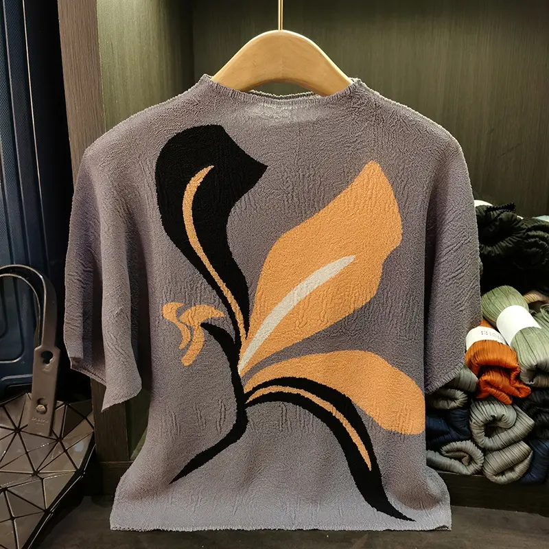LANMREM Casual Printed Pleated Top Women's Stand Collar Loose Chic Batwing Sleeve Grey Pullover T-shirt Famale Clothing 2DB3342