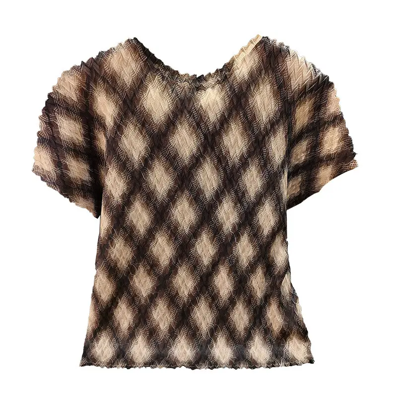 LANMREM Summer Diamond Grid Printed Paid Pleated Women's Short Sleeve T-shirts 2025 New Versatile Slim Round Neck Top 2DB3216