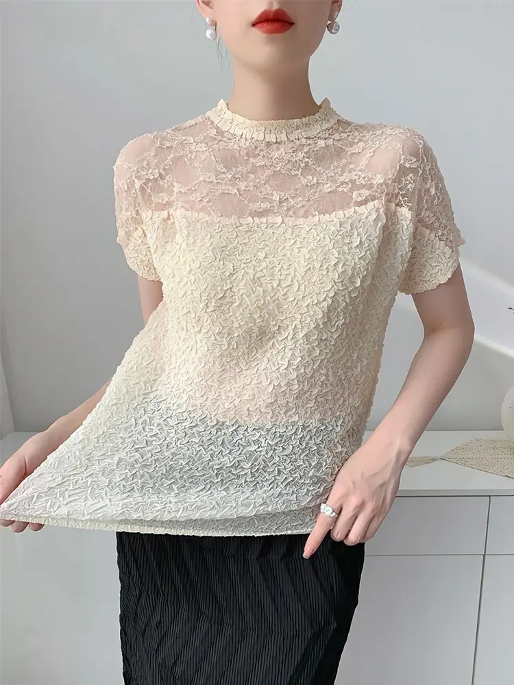 LANMREM Summer New Women's Pleated Top Niche Casual Elastic Slim Semitransparent Spliced Design Short Sleeve T-shirt 2DB3363