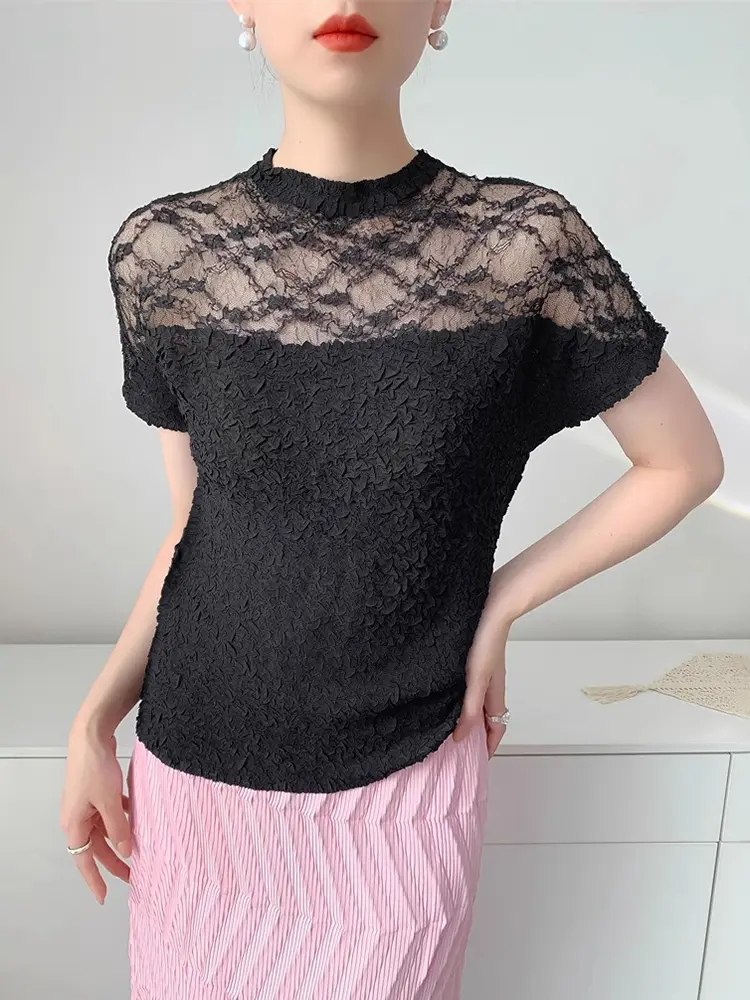 LANMREM Summer New Women's Pleated Top Niche Casual Elastic Slim Semitransparent Spliced Design Short Sleeve T-shirt 2DB3363