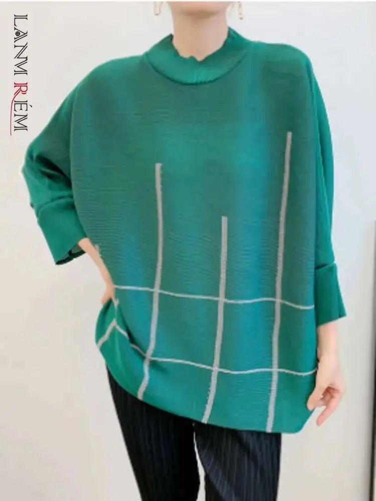 LANMREM Pleated Casual T-shirt Womne's High Turtleneck Batwing Sleeve Contrast Color Tops 2025 Spring New Clothing 2Z2284