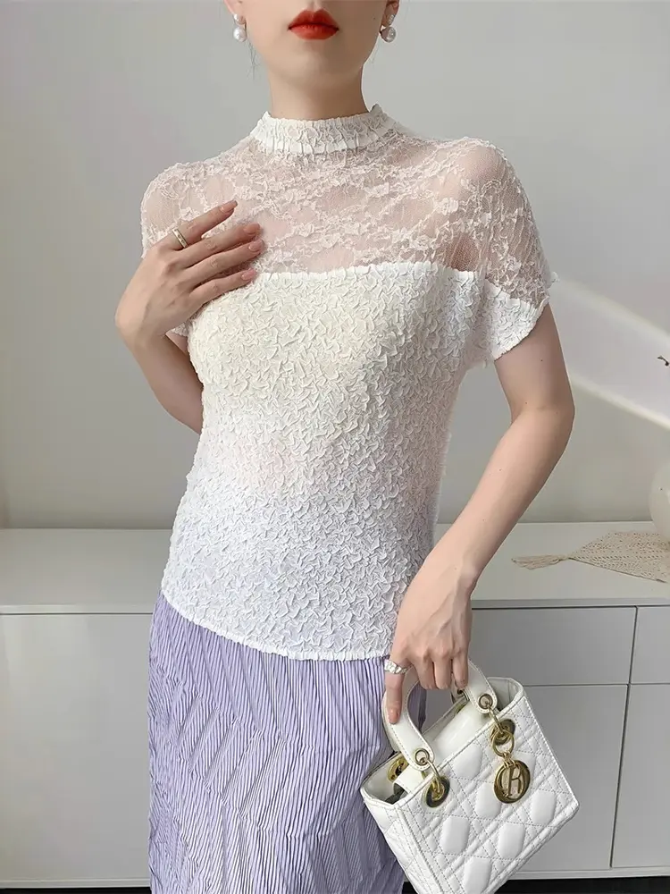 LANMREM Summer New Women's Pleated Top Niche Casual Elastic Slim Semitransparent Spliced Design Short Sleeve T-shirt 2DB3363