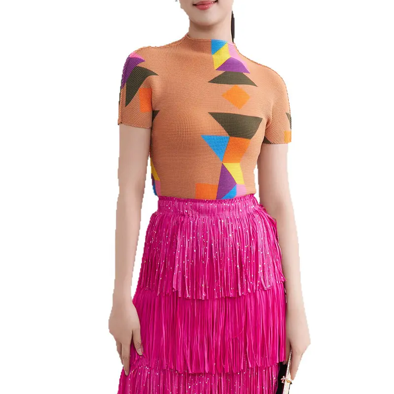 LANMREM High Quality Apricot Pleated Stand Collar Slim Ealstic T-shirt Women's Printed Temperament.short Sleeve Tee Top 2DB3229