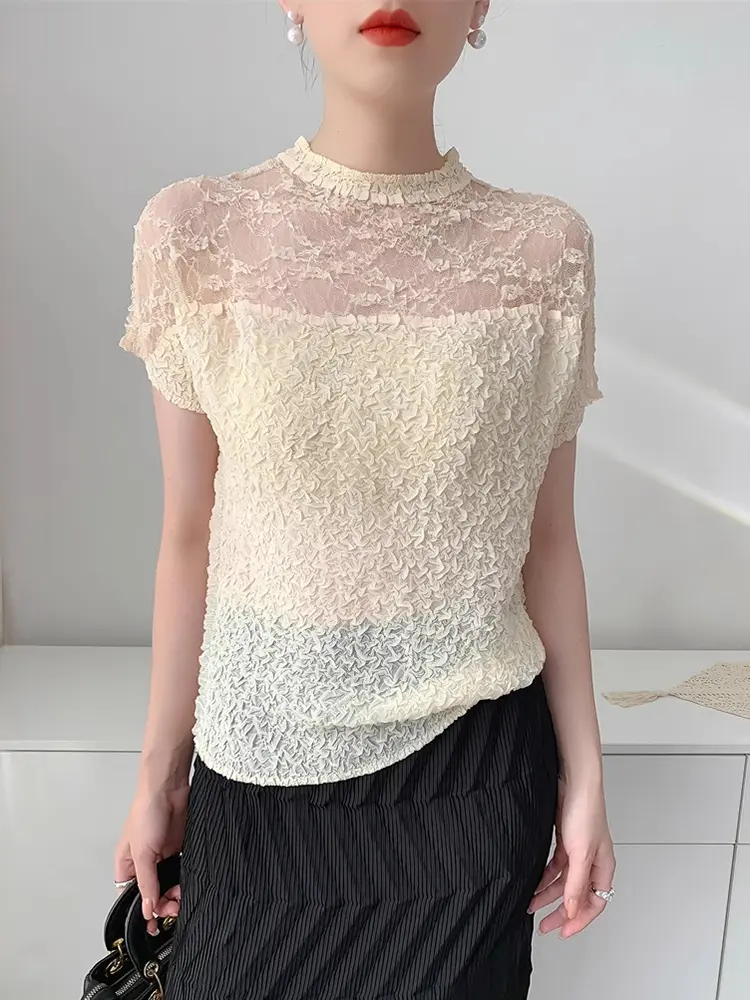 LANMREM Summer New Women's Pleated Top Niche Casual Elastic Slim Semitransparent Spliced Design Short Sleeve T-shirt 2DB3363