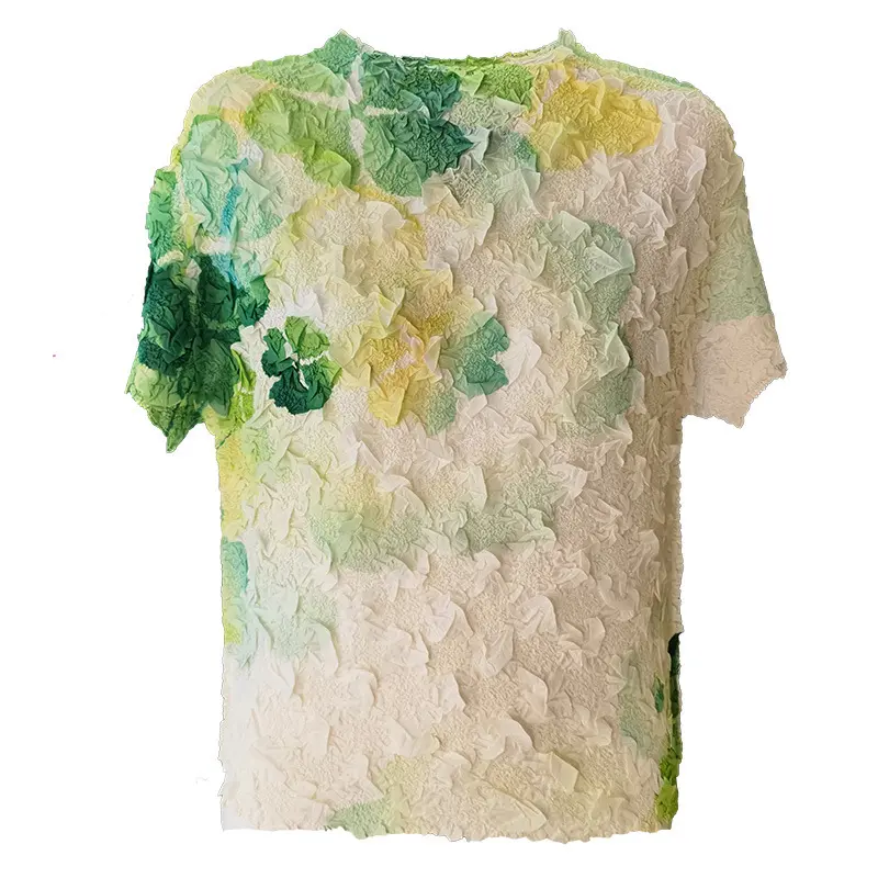 LANMREM Gradient Print Half High Neck Short Sleeved Pleated Women's T-shirt 2025 Summer Temperament Elastic Slim Top 2DB3329