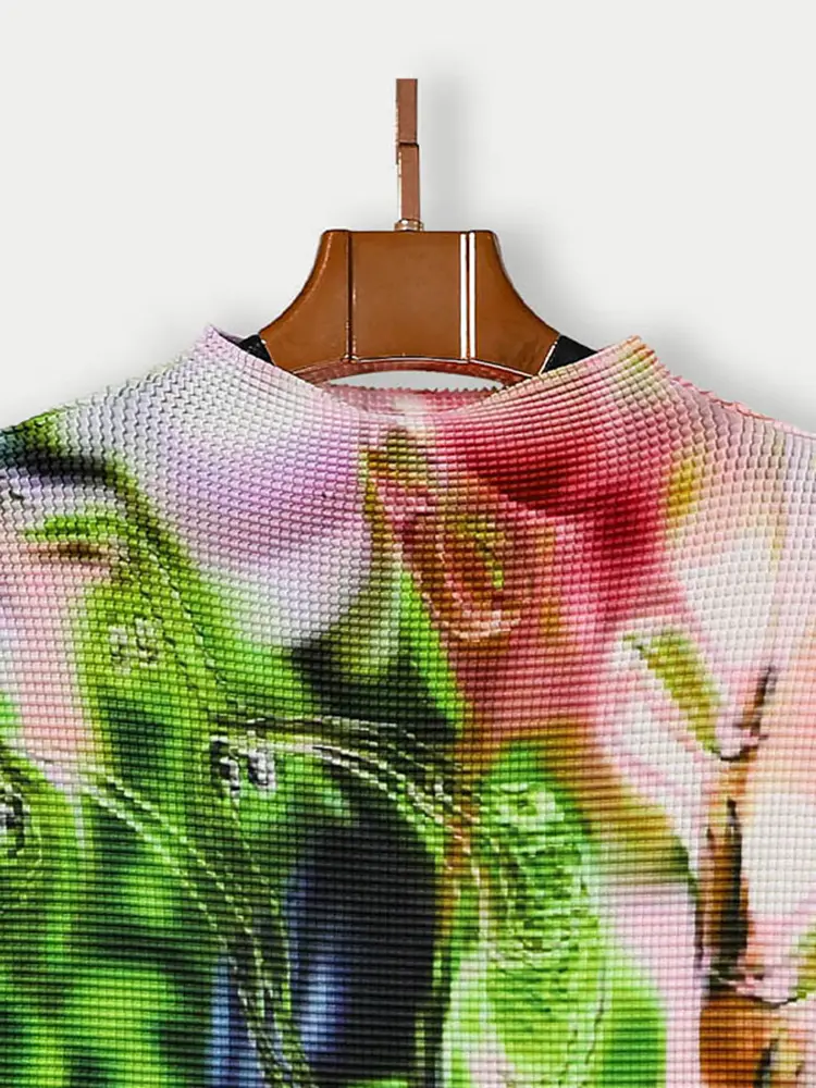 LANMREM Contrast Color Printing Pleated T-shirt Women Fashion Turtleneck Short Sleeves Tops Casual 2023 New Clothing 2AA1641