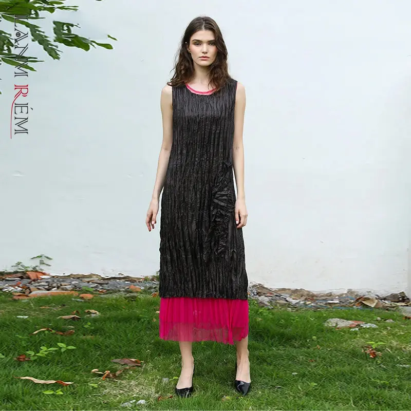 LANMREM Black And Red Colorblock Patchwork Design Pleated Women's Dress Sleeveless Evening Dresses High-end Clothing 2DB4155