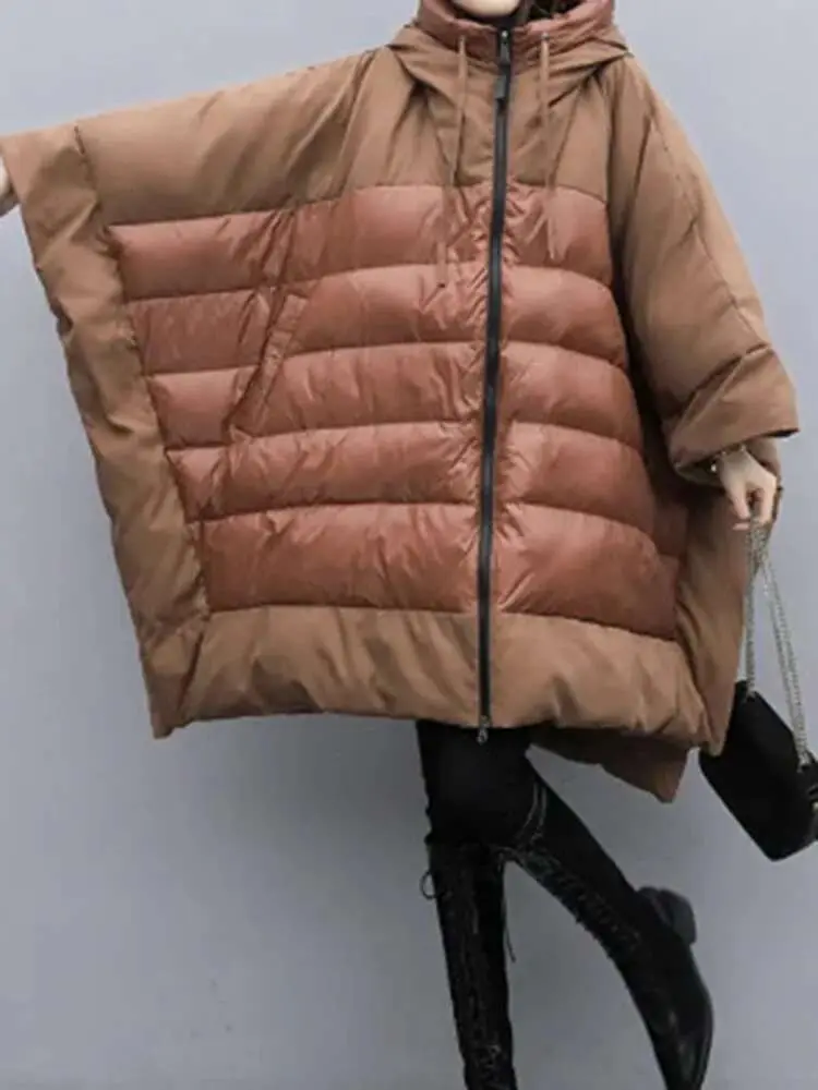 LANMREM Winter Contrast Color Loose Down Coat Women Hooded Batwing Sleeves Zipper Mid Length Clothing Casual 2024 New 2VV225