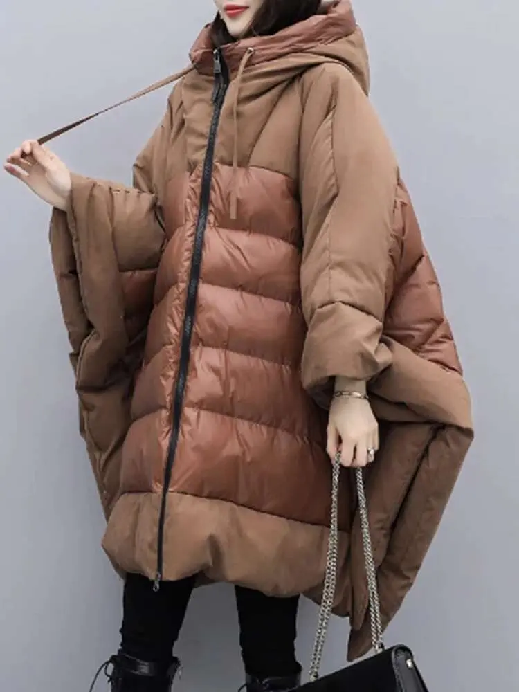 LANMREM Winter Contrast Color Loose Down Coat Women Hooded Batwing Sleeves Zipper Mid Length Clothing Casual 2024 New 2VV225