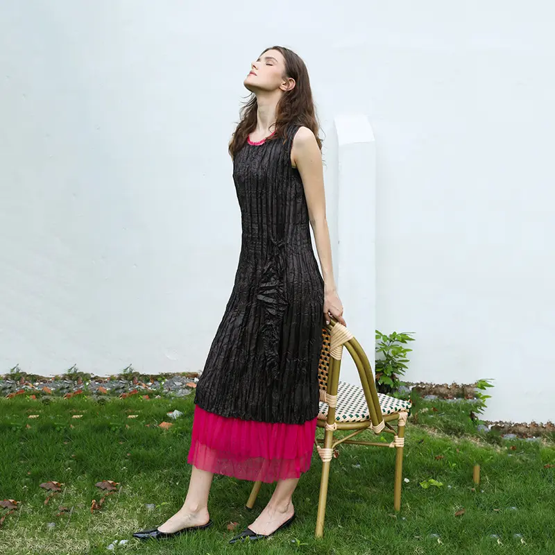 LANMREM Black And Red Colorblock Patchwork Design Pleated Women's Dress Sleeveless Evening Dresses High-end Clothing 2DB4155