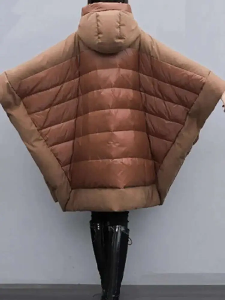LANMREM Winter Contrast Color Loose Down Coat Women Hooded Batwing Sleeves Zipper Mid Length Clothing Casual 2024 New 2VV225