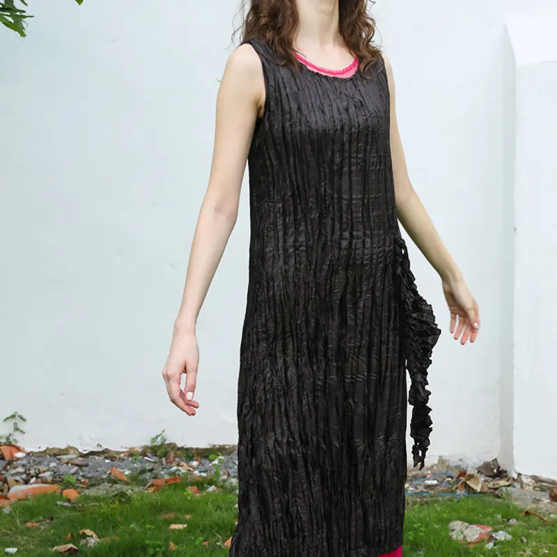 LANMREM Black And Red Colorblock Patchwork Design Pleated Women's Dress Sleeveless Evening Dresses High-end Clothing 2DB4155