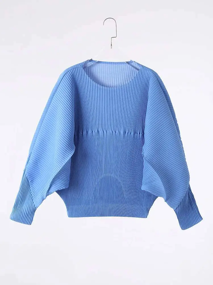 LANMREM Pleated T-shirt For Women Round Neck Long Sleeves Batwing Style Solid Color Loose Chic Top 2025 Spring New 2DB1507