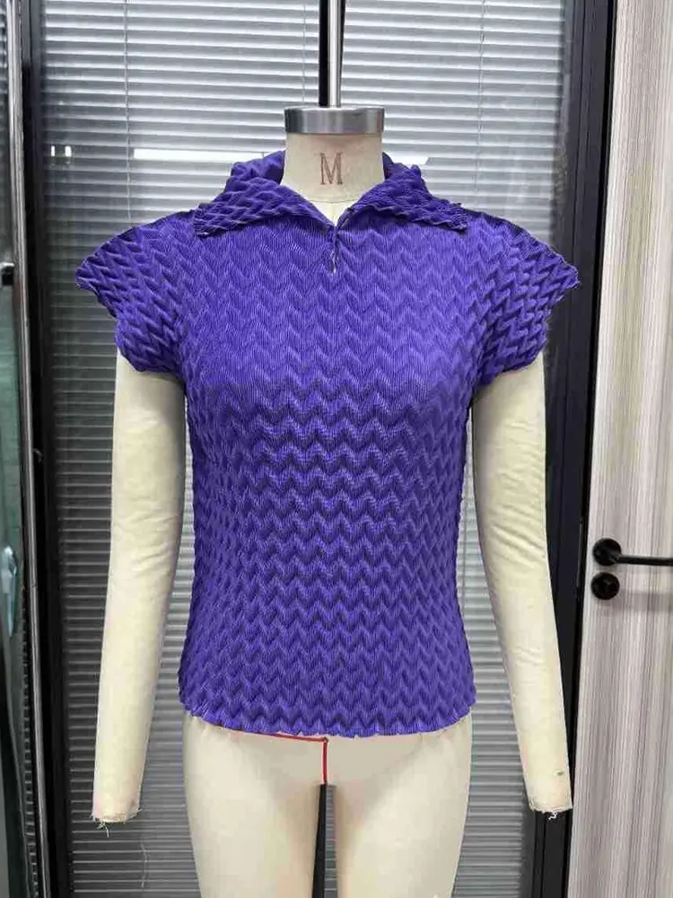 LANMREM Pleated Short Sleeved Women's T-shirt 2025 Summer New Fashion Casual Versatile Slim Fit Lapel Pullover Top Chic 2DB2941