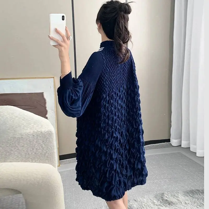 LANMREM High-end Elastic Pleated Women's Dress Chic Long Sleeved Temperament Loose Beading Stand Collar Design Dresses 2DB3700