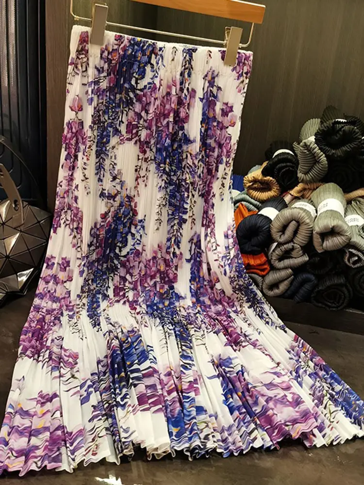 LANMREM Niche Design Fashion Printed Skirt Summer Elegant Loose Waist Versatile Pleated Skirts Female 2025 New 2DM1049