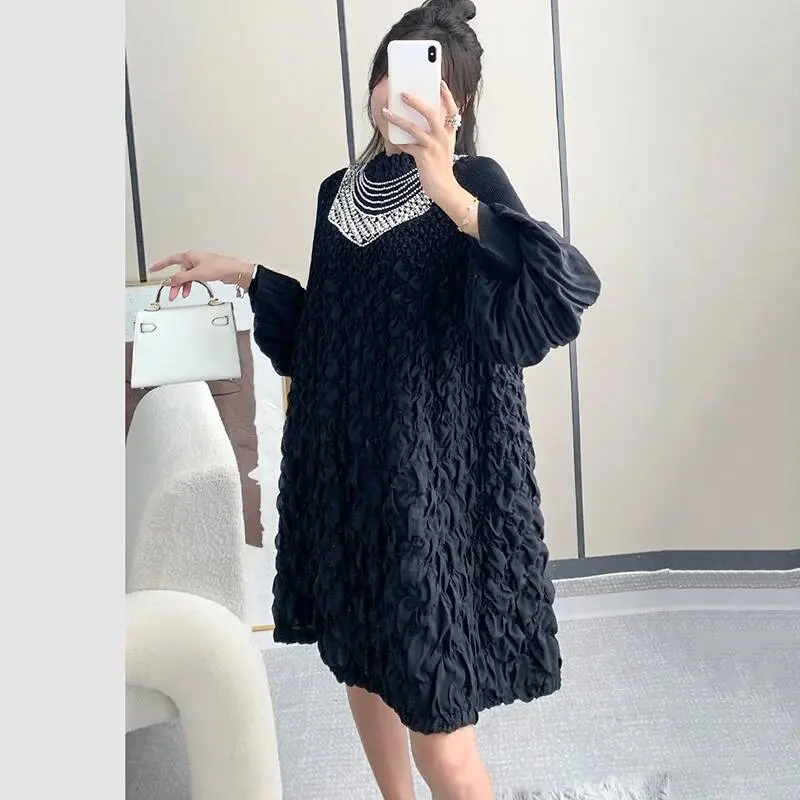 LANMREM High-end Elastic Pleated Women's Dress Chic Long Sleeved Temperament Loose Beading Stand Collar Design Dresses 2DB3700