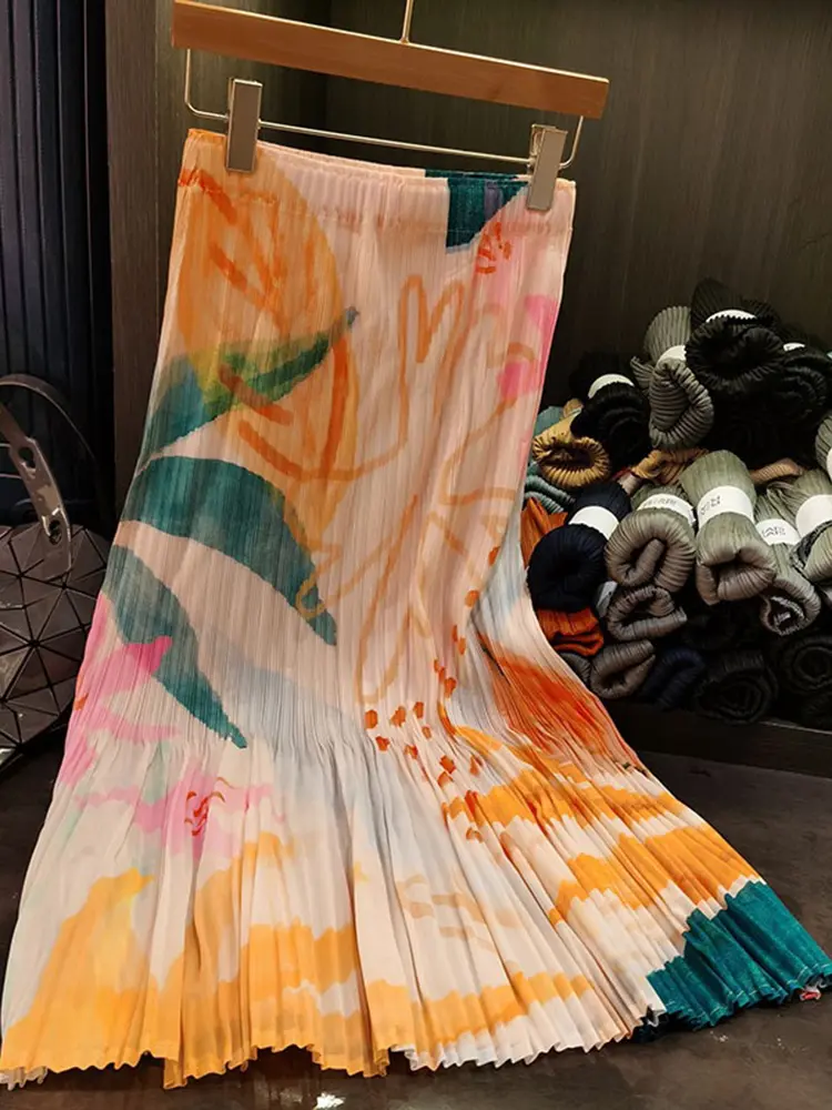 LANMREM Niche Design Fashion Printed Skirt Summer Elegant Loose Waist Versatile Pleated Skirts Female 2025 New 2DM1049