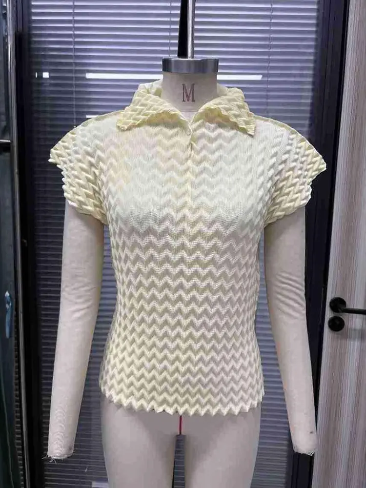LANMREM Pleated Short Sleeved Women's T-shirt 2025 Summer New Fashion Casual Versatile Slim Fit Lapel Pullover Top Chic 2DB2941