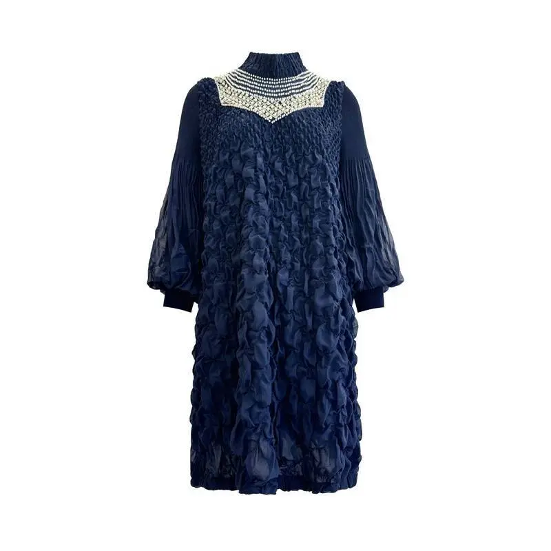 LANMREM High-end Elastic Pleated Women's Dress Chic Long Sleeved Temperament Loose Beading Stand Collar Design Dresses 2DB3700