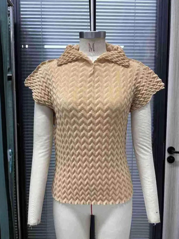 LANMREM Pleated Short Sleeved Women's T-shirt 2025 Summer New Fashion Casual Versatile Slim Fit Lapel Pullover Top Chic 2DB2941