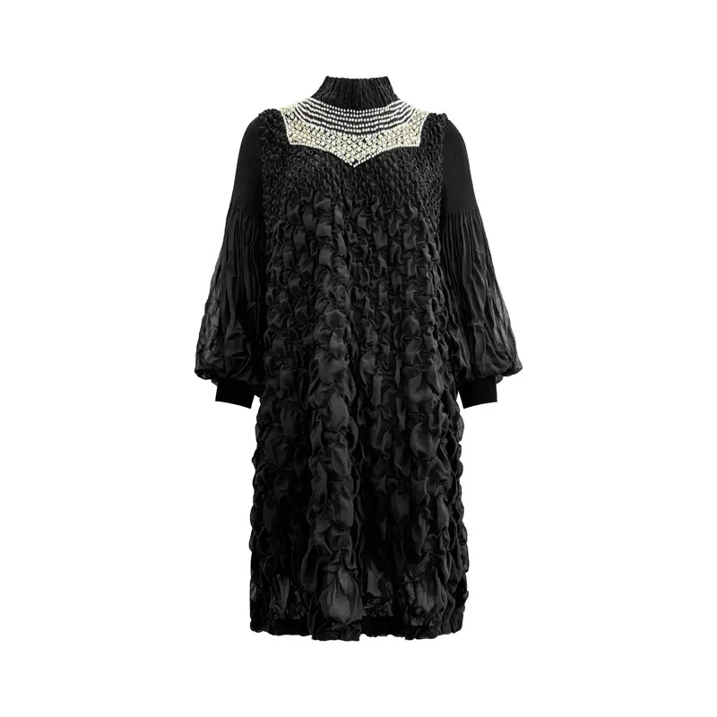 LANMREM High-end Elastic Pleated Women's Dress Chic Long Sleeved Temperament Loose Beading Stand Collar Design Dresses 2DB3700