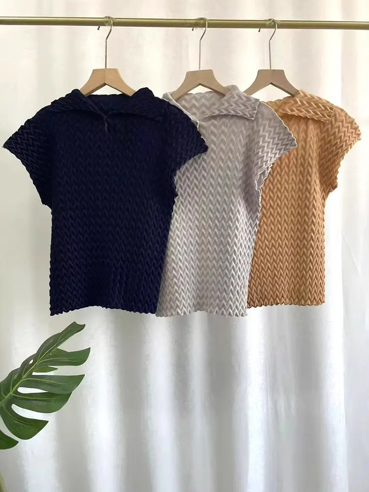 LANMREM Pleated Short Sleeved Women's T-shirt 2025 Summer New Fashion Casual Versatile Slim Fit Lapel Pullover Top Chic 2DB2941