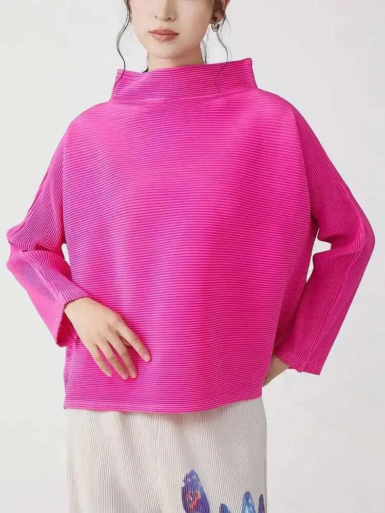 LANMREM High Quality Long Sleeved Top For Women Loose Casual Stand Collar Pleated T-shirts 2025 New Chic Red Short Tee 2DB2478