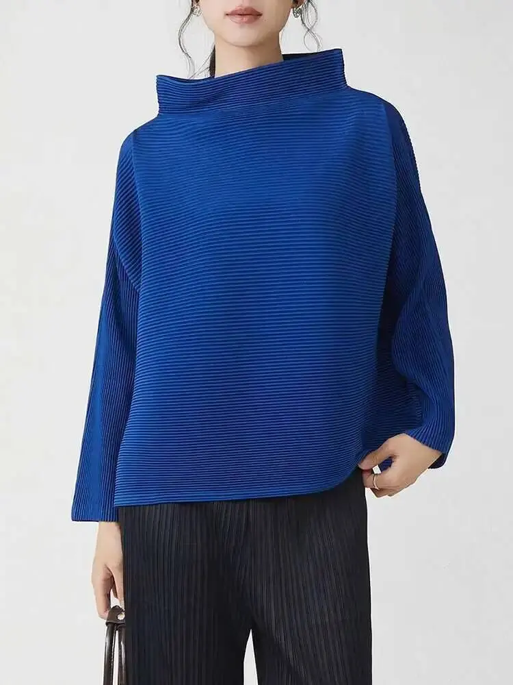 LANMREM High Quality Long Sleeved Top For Women Loose Casual Stand Collar Pleated T-shirts 2025 New Chic Red Short Tee 2DB2478