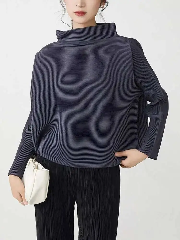 LANMREM High Quality Long Sleeved Top For Women Loose Casual Stand Collar Pleated T-shirts 2025 New Chic Red Short Tee 2DB2478