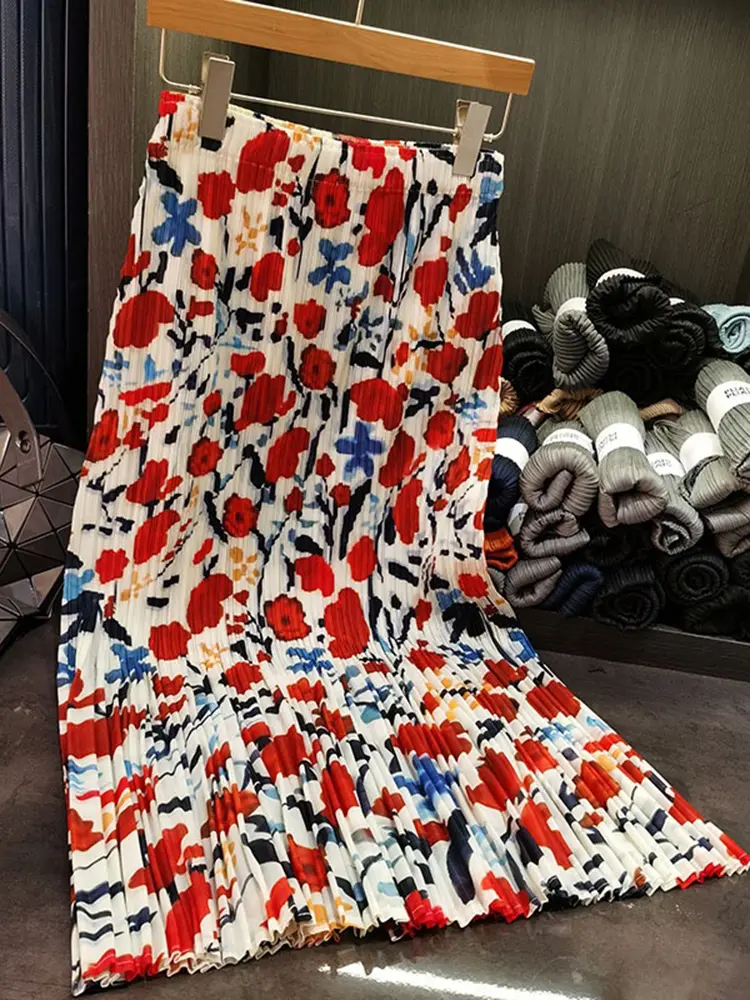LANMREM Niche Design Fashion Printed Skirt Summer Elegant Loose Waist Versatile Pleated Skirts Female 2025 New 2DM1049