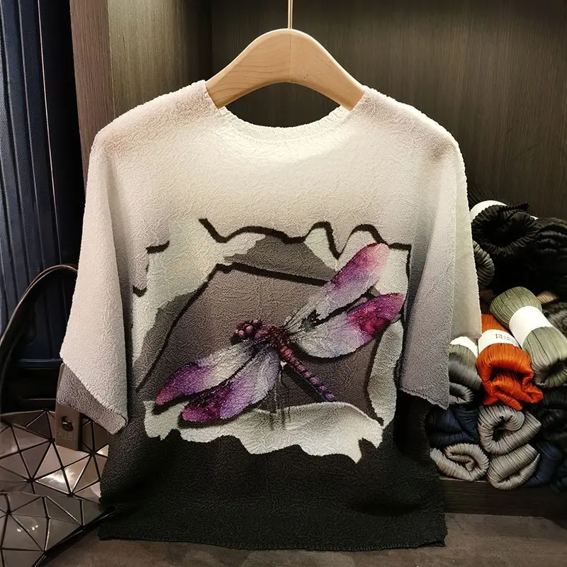 LANMREM Niche 2025 New Chic Pleated T-shirts For Women Loose Casual Short Sleeved Printting Tee Versatile Pullover Top 2DB3170