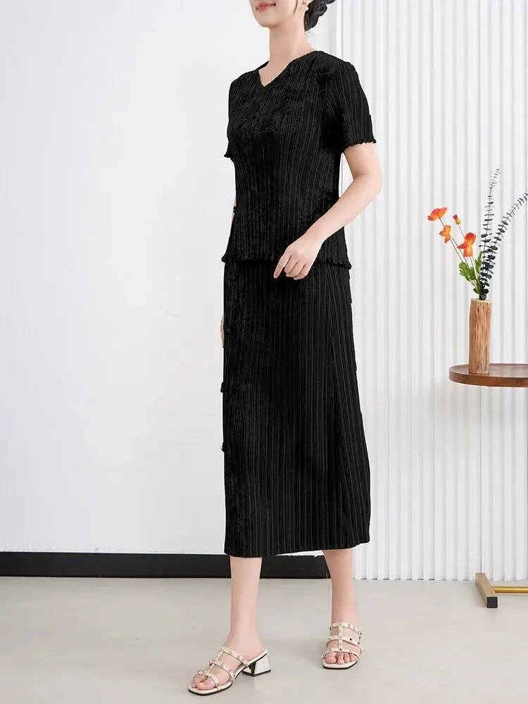 LANMREM Chinese Style Women's Two Pieces Set 2025 New Elastic Elastic Short Sleeve Round Collar T-shirt And Vent Design Skirt