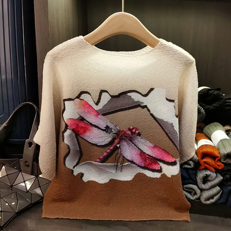 LANMREM Niche 2025 New Chic Pleated T-shirts For Women Loose Casual Short Sleeved Printting Tee Versatile Pullover Top 2DB3170