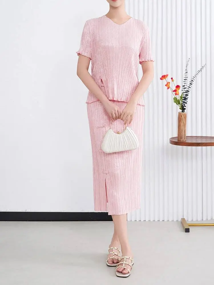 LANMREM Chinese Style Women's Two Pieces Set 2025 New Elastic Elastic Short Sleeve Round Collar T-shirt And Vent Design Skirt