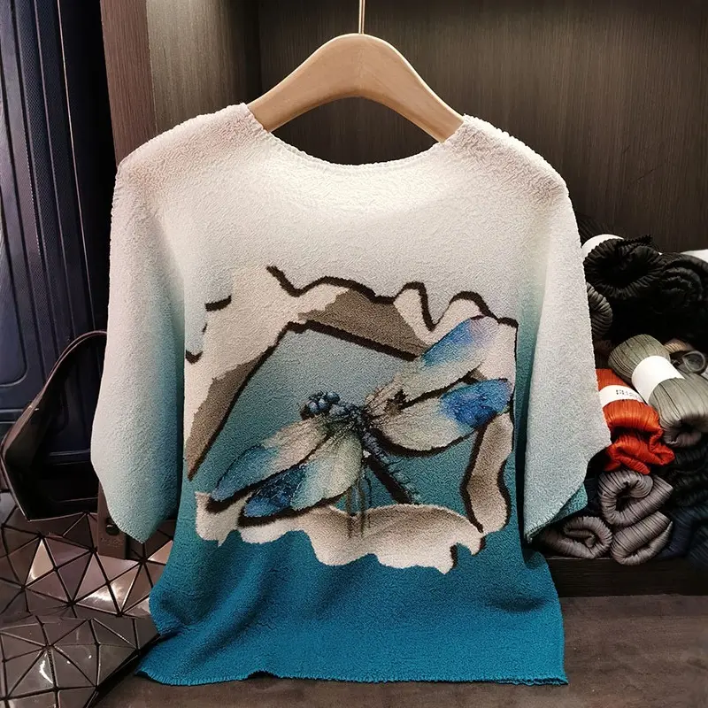 LANMREM Niche 2025 New Chic Pleated T-shirts For Women Loose Casual Short Sleeved Printting Tee Versatile Pullover Top 2DB3170