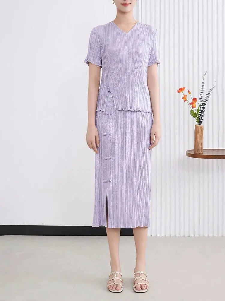 LANMREM Chinese Style Women's Two Pieces Set 2025 New Elastic Elastic Short Sleeve Round Collar T-shirt And Vent Design Skirt