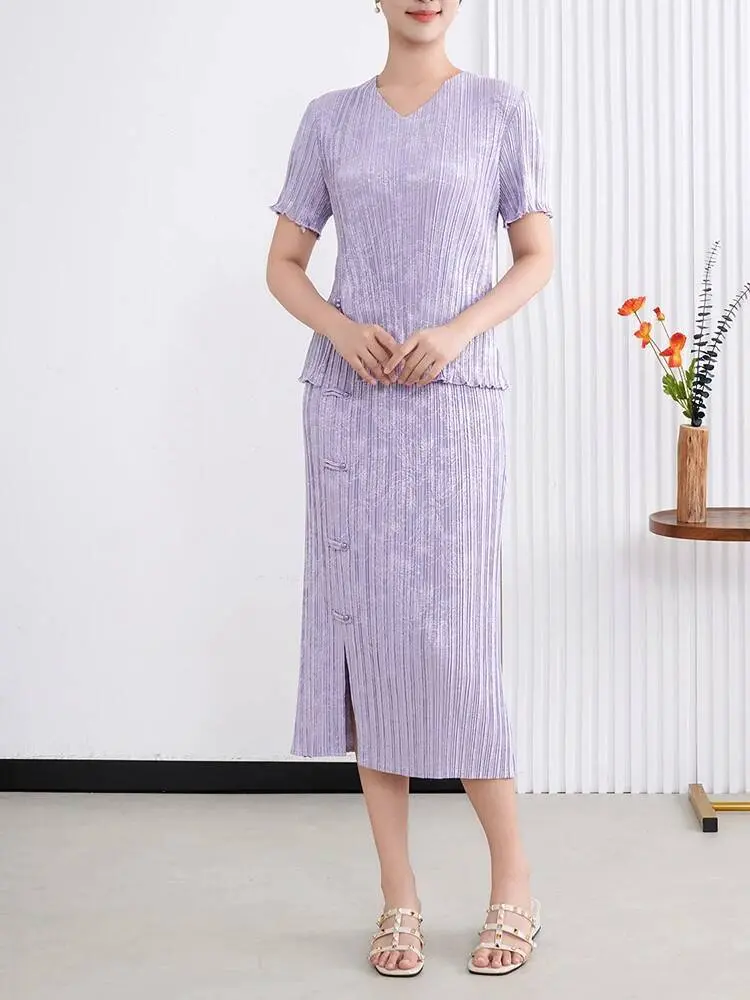 LANMREM Chinese Style Women's Two Pieces Set 2025 New Elastic Elastic Short Sleeve Round Collar T-shirt And Vent Design Skirt