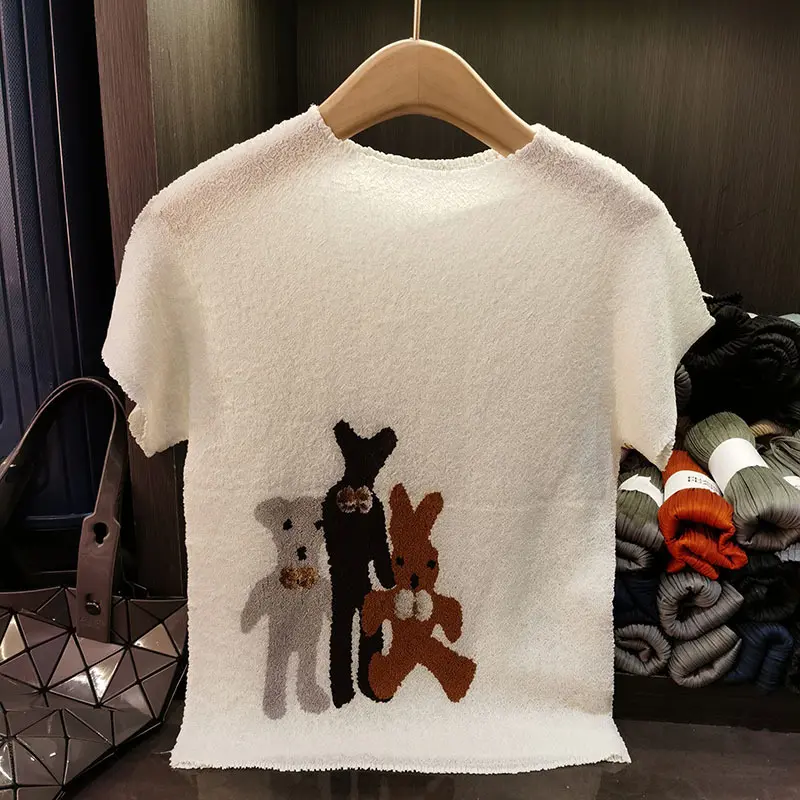 LANMREM High Quality Cartoon Fashion Printed T-shirt Summer 2025 New Design Women's Round Neck Short Sleeve Pullover Top 2DB3171