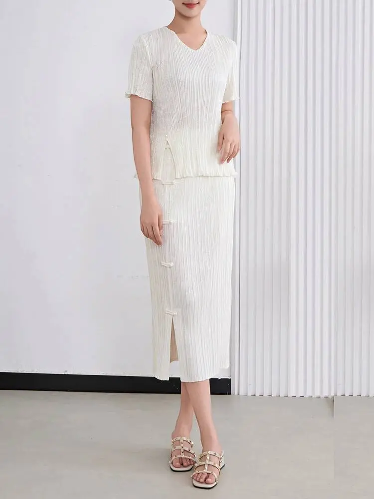 LANMREM Chinese Style Women's Two Pieces Set 2025 New Elastic Elastic Short Sleeve Round Collar T-shirt And Vent Design Skirt