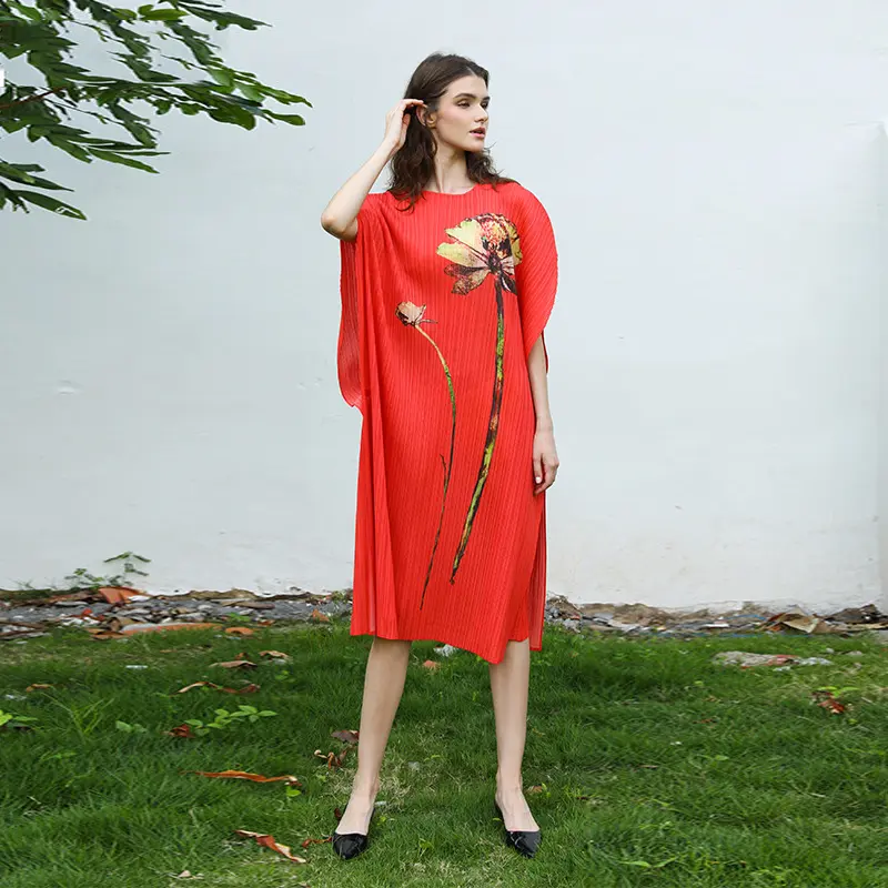 LANMREM 2025 Summer New Red Women's Pleated Dress Chic High-End Elegant Big Size Sleeve Loose Printed Casual Clothing 2DB4153