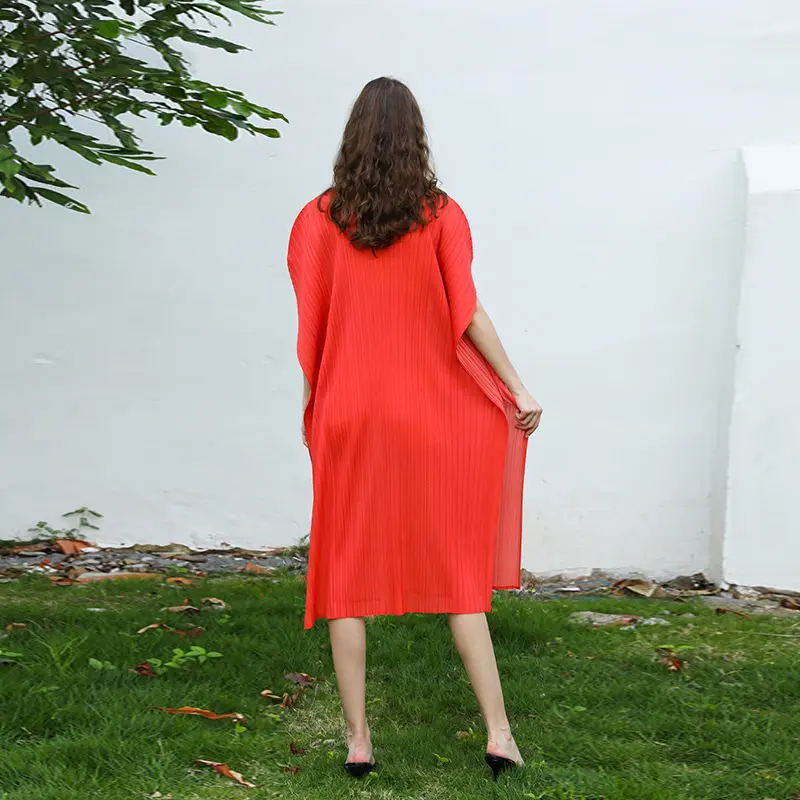 LANMREM 2025 Summer New Red Women's Pleated Dress Chic High-End Elegant Big Size Sleeve Loose Printed Casual Clothing 2DB4153