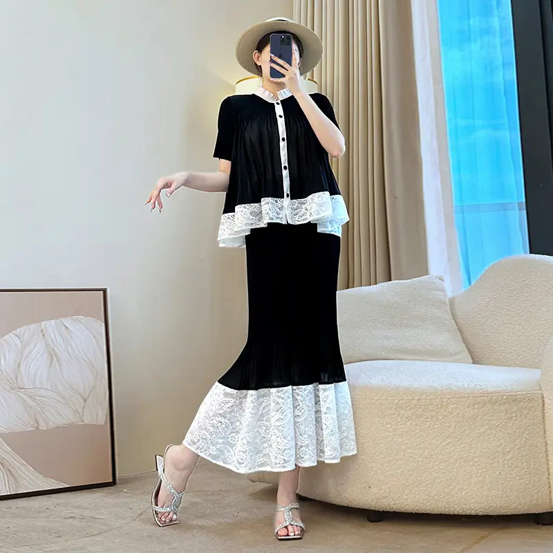 LANMREM Colorblock Lace Spliced Design Pleated Women's Two Pieces Set Single Breasted Short Sleeve Top And Elastic Skirt 2DB3900