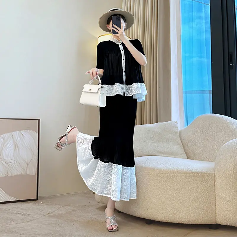 LANMREM Colorblock Lace Spliced Design Pleated Women's Two Pieces Set Single Breasted Short Sleeve Top And Elastic Skirt 2DB3900