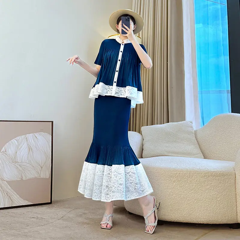 LANMREM Colorblock Lace Spliced Design Pleated Women's Two Pieces Set Single Breasted Short Sleeve Top And Elastic Skirt 2DB3900
