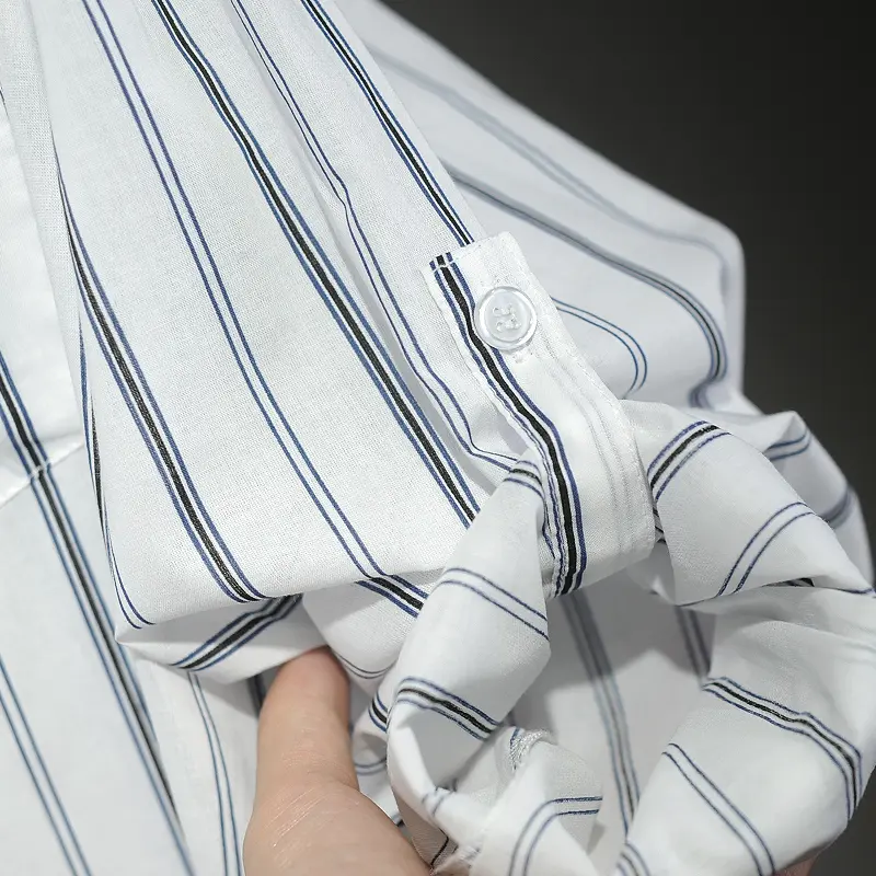 LANMREM Mid-Length White Striped Sun Protection Shirt For Women Summer Lightweight Loose Casual Long Sleeve Long Top 2DB4087