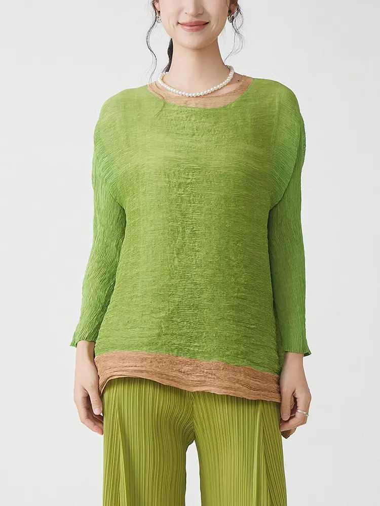 LANMREM Colorblock Spliced Hem Irregular Women's Pleated T-shirts High-end Loose Long Sleeved Round Collar Pullover Tops 2DB3276