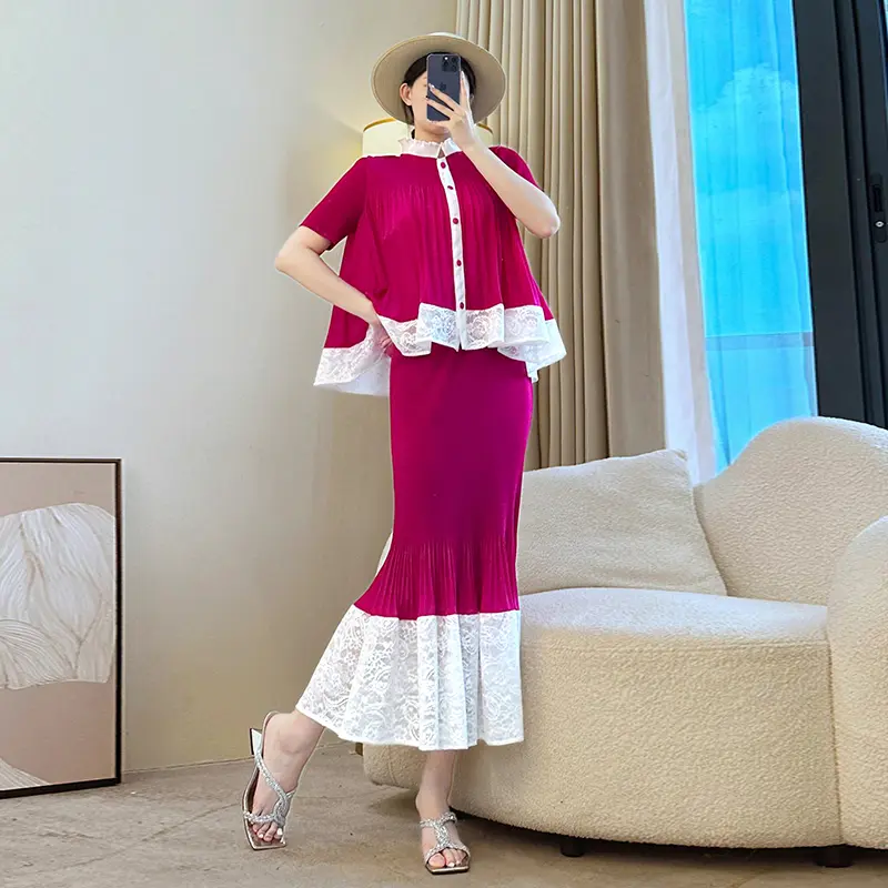 LANMREM Colorblock Lace Spliced Design Pleated Women's Two Pieces Set Single Breasted Short Sleeve Top And Elastic Skirt 2DB3900