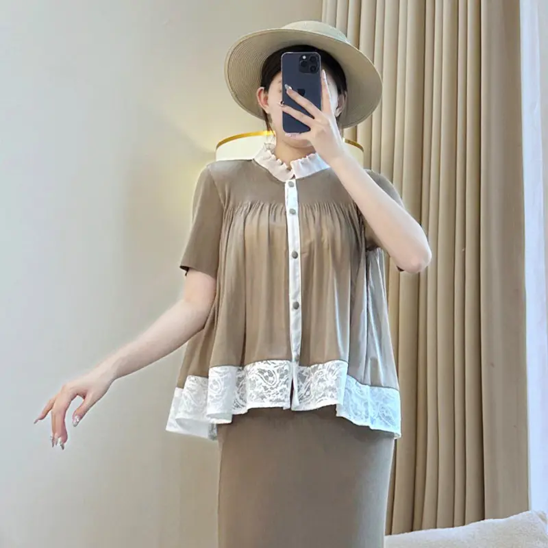 LANMREM Colorblock Lace Spliced Design Pleated Women's Two Pieces Set Single Breasted Short Sleeve Top And Elastic Skirt 2DB3900