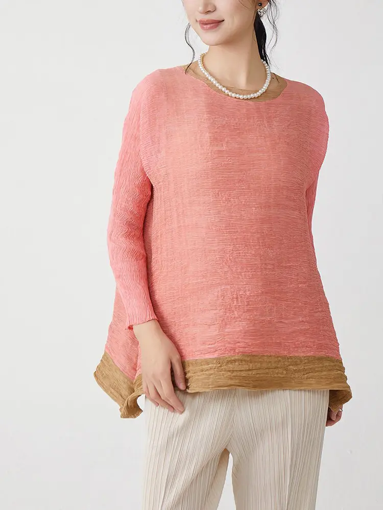 LANMREM Colorblock Spliced Hem Irregular Women's Pleated T-shirts High-end Loose Long Sleeved Round Collar Pullover Tops 2DB3276